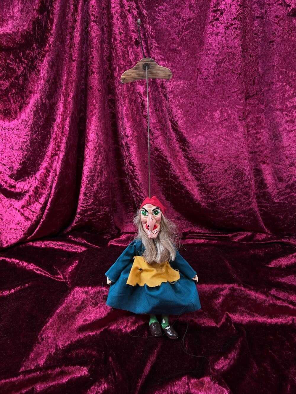 Rare Vintage Marionette Puppet - Handpainted Ugly Hag Witch Character Folk Art
